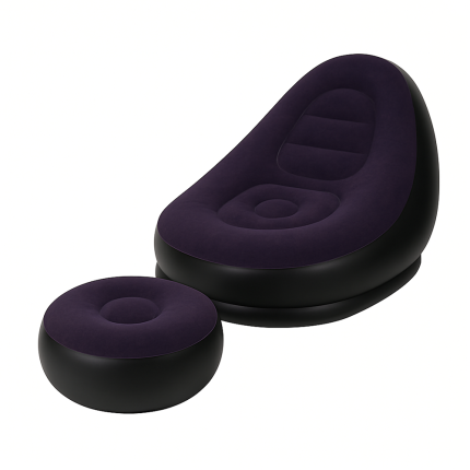 Set fotoliu gonflabil cu 2 piese NEXTLY, taburet pentru picioare inclus, rezistent la apa, utilizare interior/exterior, material moale, catifelat, pompa manuala inclusa, negru-mov