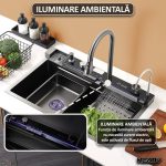 Set chiuveta multifunctionala smart, NEXTLY, afisaj digital, doua cascade, iluminare ambientala, spalator pahare, dozator detergent, baterie extensibila cu 3 functii, tocator, tava si sita inclusa, anti zgarieturi, sistem preaplin, Auriu, 45x75cm - imagine 9