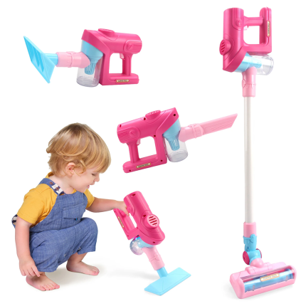 Set aspirator de jucarie pentru copii NEXTLY, 4 moduri de utilizare, functie de aspirare reala, 3 capete interschimbabile, recipient praf, lumini si muzica, boxa incorporata, functionare cu baterii, materiale sigure si calitative, 76cm, 3 ani+, roz