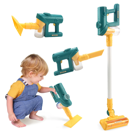 Set aspirator de jucarie pentru copii NEXTLY, 4 moduri de utilizare, functie de aspirare reala, 3 capete interschimbabile, recipient praf, lumini si muzica, boxa incorporata, functionare cu baterii, materiale sigure si calitative, 76cm, 3 ani+, verde