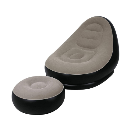 Set fotoliu gonflabil cu 2 piese NEXTLY, taburet pentru picioare inclus, rezistent la apa, utilizare interior/exterior, material moale, catifelat, pompa manuala inclusa, negru-bej