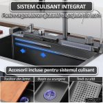 Set chiuveta multifunctionala smart, NEXTLY, afisaj digital, doua cascade, iluminare ambientala, spalator pahare, dozator detergent, baterie extensibila cu 3 functii, tocator, tava si sita inclusa, anti zgarieturi, sistem preaplin, Auriu, 45x75cm - imagine 8