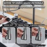 Set chiuveta multifunctionala smart, NEXTLY, afisaj digital, doua cascade, iluminare ambientala, spalator pahare, dozator detergent, baterie extensibila cu 3 functii, tocator, tava si sita inclusa, anti zgarieturi, sistem preaplin, Auriu, 45x75cm - imagine 3