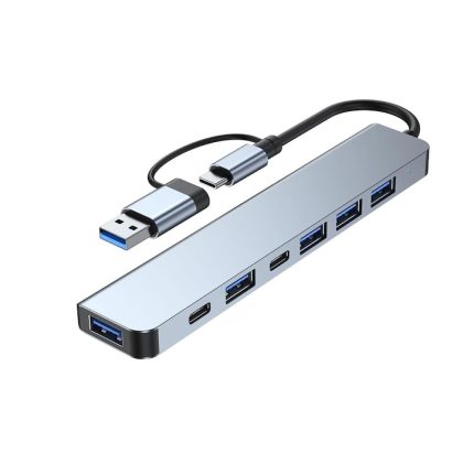 Hub USB Tip C 7 porturi, NEXTLY, adaptor USB A inclus, 4 x USB A 2.0, 1 x USB A 3.0, 2 x USB C - PD, gri metalizat
