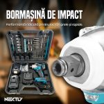 Set masina de gaurit si insurubat cu impact NEXTLY, 2 acumulatori 48V, 4500rpm, 330Nm, afisaj led, 2 trepte, lumina led, clicket, tubulare, spirlale, biti si prelungitor incluse, albastru - imagine 2