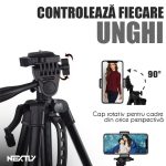 Trepied foto telescopic profesional pentru camera sau telefon, NEXTLY, inaltime reglabila 53-160cm, geanta transport, picioruse antiderapante, unghi reglabil cu boloboc, cap rotativ, negru - imagine 6