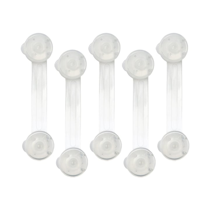 res_23942d5a402ccd4aae383da3e649d5d7.jpg Set 5 sigurante usi pentru copii NEXTLY, sistem blocare dulapuri, sertare, mobilier, geamuri, flexibile, pentru colturi si suprafete drepte, lipire cu adeziv, plastic si silicon, 15cm lungime, transparente - imagine 1