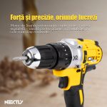 Set bormasina cu 2 acumulatori 36V, NEXTLY, trusa cu accesorii, biti, tubulare, cutter, surubelnite, prelungitoare, patent, ruleta, spirale, izolier, galben-negru - imagine 3