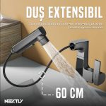 Baterie pentru chiuveta de bucatarie NEXTLY, material cupru, afisaj digital temperatura, 3 moduri de jet, mod fantana, pipa extensibila, cap cu furtun extensibil, design modern, argintiu - imagine 4