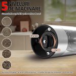 Set 2 rasnite electrice cu suport transparent NEXTLY, pentru sare, piper si alte condimente, reincarcabile, 5 trepte de macinare, iluminare LED, cablu USB Tip C, ABS/PMMA/otel inoxidabil, argintiu-transparent - imagine 5