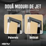 Baterie pentru chiuveta de bucatarie NEXTLY, material cupru, afisaj digital temperatura, 3 moduri de jet, mod fantana, pipa extensibila, cap cu furtun extensibil, design modern, argintiu - imagine 6