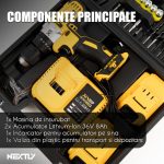 Set bormasina cu 2 acumulatori 36V, NEXTLY, trusa cu accesorii, biti, tubulare, cutter, surubelnite, prelungitoare, patent, ruleta, spirale, izolier, galben-negru - imagine 5