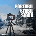 Trepied foto telescopic profesional pentru camera sau telefon, NEXTLY, inaltime reglabila 53-160cm, geanta transport, picioruse antiderapante, unghi reglabil cu boloboc, cap rotativ, negru - imagine 3