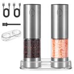 Set 2 rasnite electrice cu suport transparent NEXTLY, pentru sare, piper si alte condimente, reincarcabile, 5 trepte de macinare, iluminare LED, cablu USB Tip C, ABS/PMMA/otel inoxidabil, argintiu-transparent