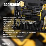 Set bormasina cu 2 acumulatori 36V, NEXTLY, trusa cu accesorii, biti, tubulare, cutter, surubelnite, prelungitoare, patent, ruleta, spirale, izolier, galben-negru - imagine 7