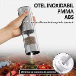 Set 2 rasnite electrice cu suport transparent NEXTLY, pentru sare, piper si alte condimente, reincarcabile, 5 trepte de macinare, iluminare LED, cablu USB Tip C, ABS/PMMA/otel inoxidabil, argintiu-transparent - imagine 10