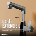 Baterie pentru chiuveta de bucatarie NEXTLY, material cupru, afisaj digital temperatura, 3 moduri de jet, mod fantana, pipa extensibila, cap cu furtun extensibil, design modern, argintiu - imagine 5