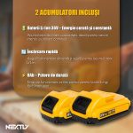 Set bormasina cu 2 acumulatori 36V, NEXTLY, trusa cu accesorii, biti, tubulare, cutter, surubelnite, prelungitoare, patent, ruleta, spirale, izolier, galben-negru - imagine 4