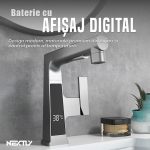 Baterie pentru chiuveta de bucatarie NEXTLY, material cupru, afisaj digital temperatura, 3 moduri de jet, mod fantana, pipa extensibila, cap cu furtun extensibil, design modern, argintiu - imagine 7