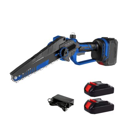 Mini fierastrau cu lant tip drujba electrica NEXTLY 2 acumulatori 21V 2000mAh, afisaj procent baterie, lant de 8 inch, buton de siguranta, geanta de transport si depozitare, negru-albastru