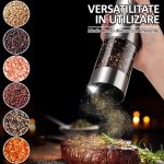 Set 2 rasnite electrice cu suport transparent NEXTLY, pentru sare, piper si alte condimente, reincarcabile, 5 trepte de macinare, iluminare LED, cablu USB Tip C, ABS/PMMA/otel inoxidabil, argintiu-transparent - imagine 3