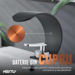 Baterie pentru chiuveta de baie NEXTLY, design modern, jet tip cascada, fabricata din cupru, calitate premium, montaj pe blat sau lavoar, racorduri incluse, negru - imagine 2