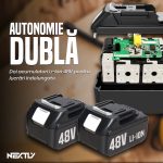 Set masina de gaurit si insurubat cu impact NEXTLY, 2 acumulatori 48V, 4500rpm, 330Nm, afisaj led, 2 trepte, lumina led, clicket, tubulare, spirlale, biti si prelungitor incluse, albastru - imagine 5