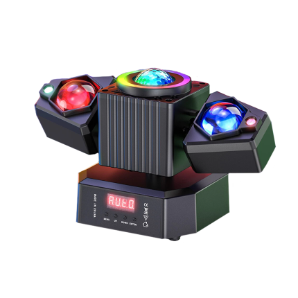 Proiector LED RGBW profesional NEXTLY, rotativ, 3 capete, 4 LED x 23W RGBW, 2 x laser 50mW, 115W LED 4 in 1, control telecomanda si DMX, 12 jocuri de lumina integrate, sincronizare muzicala, stroboscop, DJ, PARTY, DISCO, Negru