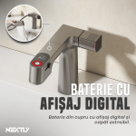 Baterie pentru chiuveta de baie sau bucatarie NEXTLY, afisaj digital, dus extractibil, 3 moduri, mod fantana, ploaie, clasic, filtru incorporat, material cupru, premium, design modern, gri lucios - imagine 2