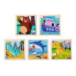 Set 5 x puzzle copii NEXTLY, 9 piese, modele aleatorii, diverse animale si vehicule, lemn, 11x11cm, multicolor