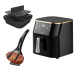Set Friteuza cu aer cald 1400W, spatula-cleste si forma de silicon NEXTLY, control touch, capacitate 10L, interior iluminat, geam, 7 functii presetate pentru preparate, temperatura reglabila 80-210°C, timp reglabil, afisaj digital, negru
