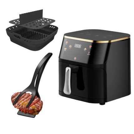 Set Friteuza cu aer cald 1400W, spatula-cleste si forma de silicon NEXTLY, control touch, capacitate 10L, interior iluminat, geam, 7 functii presetate pentru preparate, temperatura reglabila 80-210°C, timp reglabil, afisaj digital, negru