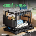 Scurgator de vase etajat NEXTLY, suport cu 2 niveluri, suport pentru tacamuri/cutite/ustensile de bucatarie si tocator, tava de scurgere cu suport, metalic, 32x30x42cm, negru - imagine 2