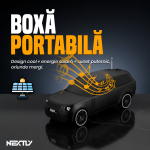 Boxa portabila bluetooth cu incarcare solara NEXTLY, design masina, lumina faruri, sunet puternic, suport telefon, card USB/TF, 26x10x10cm, bej - imagine 2