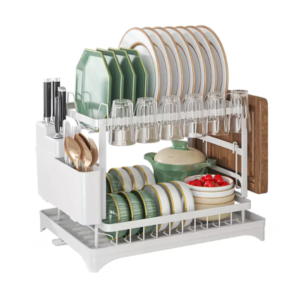 Scurgator de vase etajat NEXTLY, suport cu 2 niveluri, suport pentru tacamuri/cutite/ustensile de bucatarie si tocator, tava de scurgere cu suport, metalic, 32x30x42cm, alb