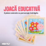 Set 5 x puzzle copii NEXTLY, 9 piese, modele aleatorii, diverse animale si vehicule, lemn, 11x11cm, multicolor - imagine 4