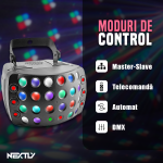 Proiector LED RGBW Party LED Butterfly NEXTLY, 28 x Lentile, 1 x Laser Verde 50mw, 1 x Laser Rosu 100mW, 2 x 15W LED RGBW rotative, 6 x LED 100mW red sky stars, sincronizare muzicala, telecomanda, double rain pattern 3 in 1, DJ, Disco, Lumini scena, negru - imagine 3