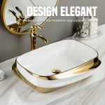 Lavoar ceramic cu montaj pe blat NEXTLY, design lucios, model asimetric, material premium, aspect modern, ceramica sanitara, 60x43x13.5cm, auriu-alb - imagine 3
