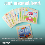 Set 5 x puzzle copii NEXTLY, 9 piese, modele aleatorii, diverse animale si vehicule, lemn, 11x11cm, multicolor - imagine 6