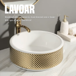 Lavoar ceramic cu montaj pe blat NEXTLY, interior alb lucios, exterior auriu lucios cu model, finsaje premium, ceramica sanitara, rotund, 43x43x16cm, alb-auriu - imagine 2