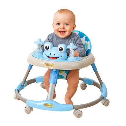 Premergator reglabil NEXTLY, 3 niveluri de reglaj, dezvoltare motrica, rotile, muzica si jucarii interactive, suporta 20kg, design amuzant tip broscuta, albastru