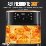 Set Friteuza cu aer cald 1400W si spatula-cleste NEXTLY, control touch, capacitate 10L, interior iluminat, geam, 7 functii presetate pentru preparate, temperatura reglabila 80-210°C, timp reglabil, afisaj digital, negru - imagine 6