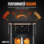 Set Friteuza cu aer cald 1400W si spatula-cleste NEXTLY, control touch, capacitate 10L, interior iluminat, geam, 7 functii presetate pentru preparate, temperatura reglabila 80-210°C, timp reglabil, afisaj digital, negru - imagine 9