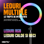 Set Lampa circulara Ring Light LED RGBW + telecomanda selfie NEXTLY, lumina calda/rece/neutra/RGB, multiple moduri de iluminare RGB, 12 trepte de intensitate, suport telefon, telecomanda pe fir, alimentare USB, trepied 210cm, diametru 35cm - imagine 3