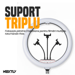 Set Lampa circulara Ring Light LED RGBW + telecomanda selfie NEXTLY, lumina calda/rece/neutra/RGB, multiple moduri de iluminare RGB, intensitate/temperatura reglabila, 3 suporturi telefon, telecomanda, 2xUSB, alimentare cablu, trepied 210cm, diametru 45cm - imagine 7