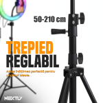Lampa circulara Ring Light LED RGBW NEXTLY, lumina calda/rece/neutra/RGB, multiple moduri de iluminare RGB, intensitate/temperatura reglabila, 3 suporturi telefon, telecomanda, 2 x USB, alimentare cablu, trepied 210cm, diametru 45cm - imagine 9
