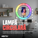 Set Lampa circulara Ring Light LED RGBW + telecomanda selfie NEXTLY, lumina calda/rece/neutra/RGB, multiple moduri de iluminare RGB, 12 trepte de intensitate, suport telefon, telecomanda pe fir, alimentare USB, trepied 210cm, diametru 35cm - imagine 2