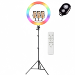 Set Lampa circulara Ring Light LED RGBW + telecomanda selfie NEXTLY, lumina calda/rece/neutra/RGB, multiple moduri de iluminare RGB, intensitate/temperatura reglabila, 3 suporturi telefon, telecomanda, 2xUSB, alimentare cablu, trepied 210cm, diametru 45cm