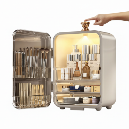 Organizator de cosmetice cu oglinda si lumina LED NEXTLY, compartimentata, spatioasa, usa magnetica transparenta, incarcare USB, 25.5x20x36cm, alb