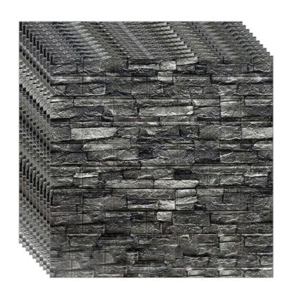 Set 100 x tapet autoadeziv 3D NEXTLY, pentru perete sau tavan, waterproof, ajustabil, suprafata acoperire 53 mp, 70x77 cm, design caramida, gri-negru, cod 23